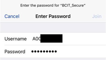 Web snippet of BCIT credentials login window for ipad, ipod and iphone.