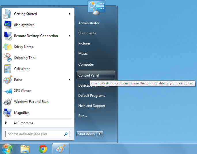 Windows 7_vista start menu control panel window.