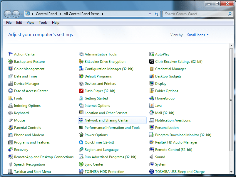 Control panel list showing computer settings.