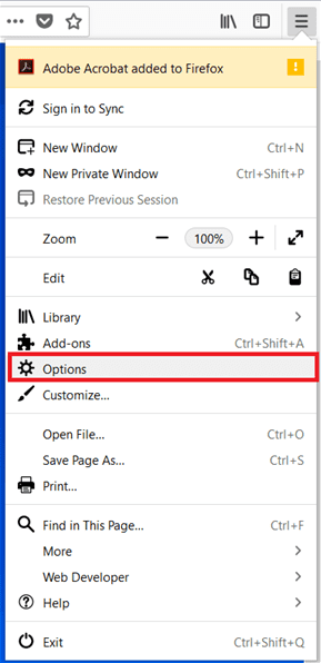 Options for allowing firefox pop-up.
