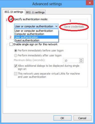 Advanced settings user authentication selected from drop-down menu.