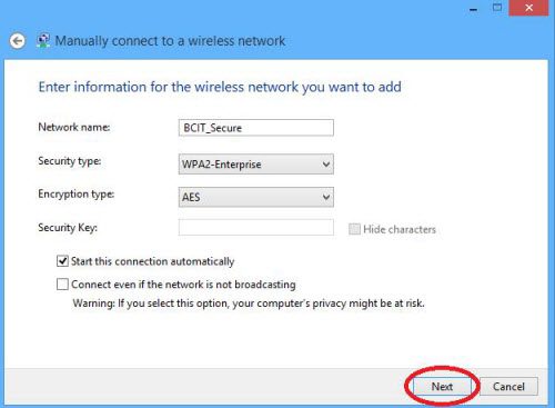BCIT_secure manually connect to a wireless network fields.