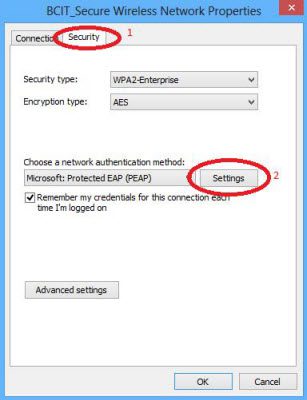 BCIT_secure wireless network properties security settings tab.