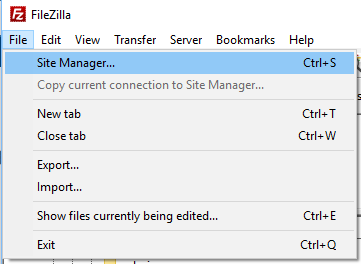 Filezilla site manager window.