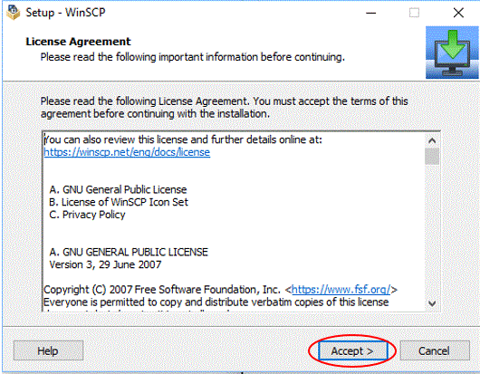 Setup - WinSCP license agreement window.