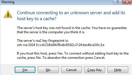 Warning continue connecting to an unknown server and add its host to key cache window.