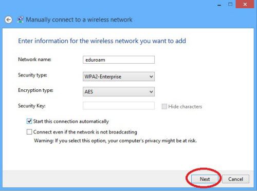 Windows 8 enter eduroam information for the wireless network to be added screen.