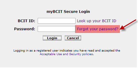 myBCIT secure login forgot your passsword window.