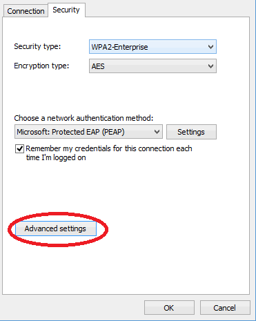 Eduroam security screen advanced settings button.