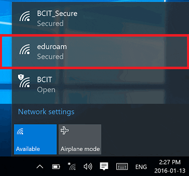 Web page snippet of eduroam network settings.