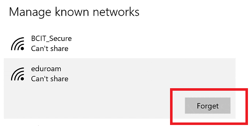 Eduroam manage known networks forget button.