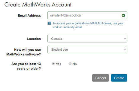 Create mathworks account window.