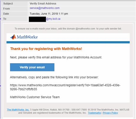 Example of verify email from service at mathworks.com.