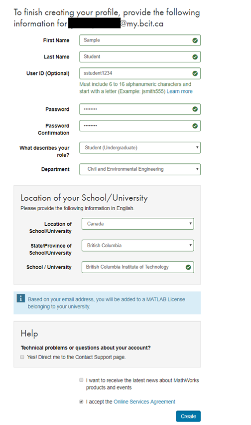 Create profile form.