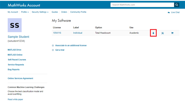 Mathworks account select download.