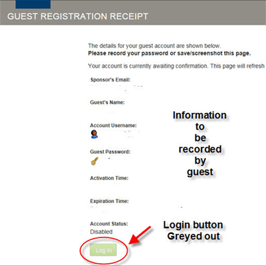 Web page snippet - Guest registration receipt.