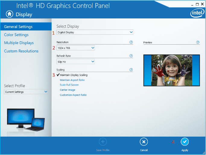 Image of general settings in the Intel HD Graphics Control Panel screen.