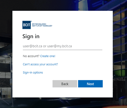 Screen shot of myBCIT sign in username page.