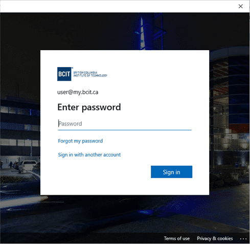 Screen shot of myBCIT sign in password page.