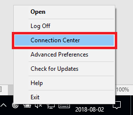 Context menu connection center button.