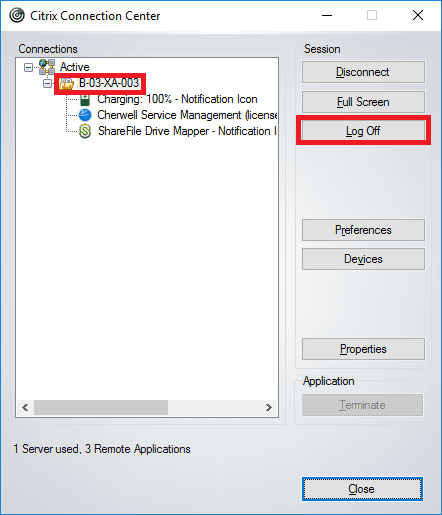 Citrix connection enter log off button.