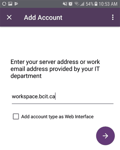 Android device add account workspace email address field.