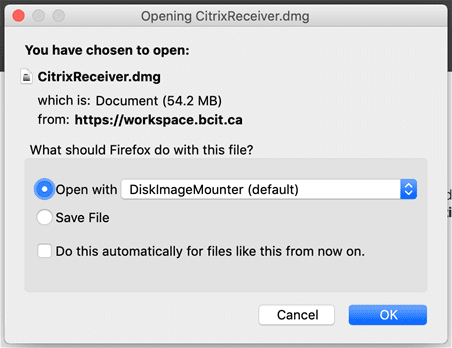 Firefox on mac-os open with disk image mounter button.