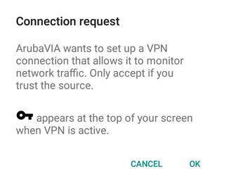 Web page snippet of aruba connection request.