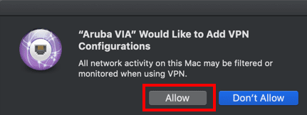 Screen shot of mac aruba via add vpn configurations allow button.