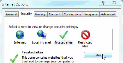 Internet options window showing security tab.