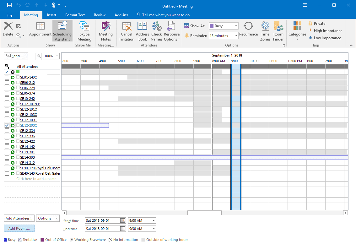 Screen shot snippet Outlook Room reservations