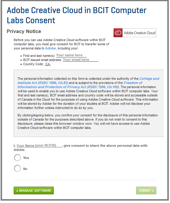 Adobe creative cloud BCIT computer lab consent screen.
