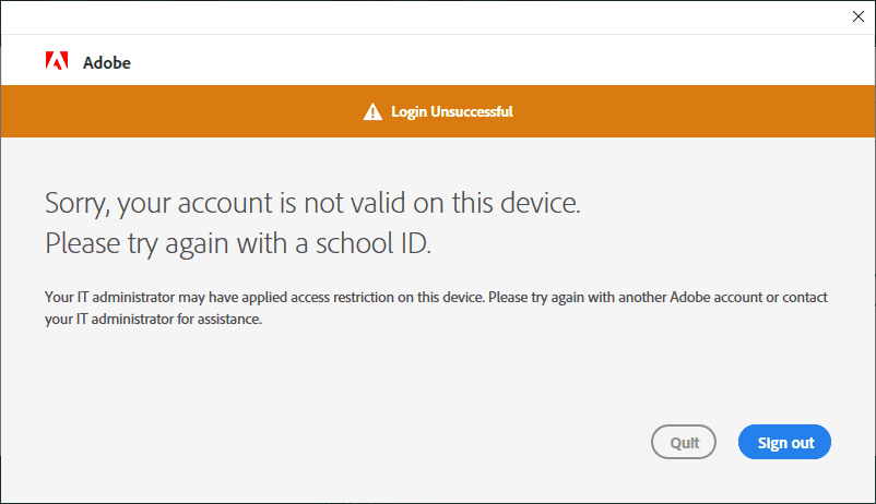 Adobe log in unsuccessful window.