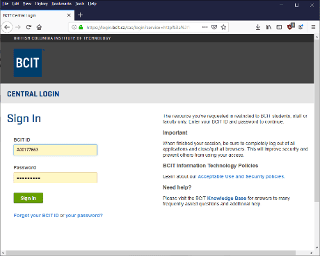 BCIT ID and password log in window.