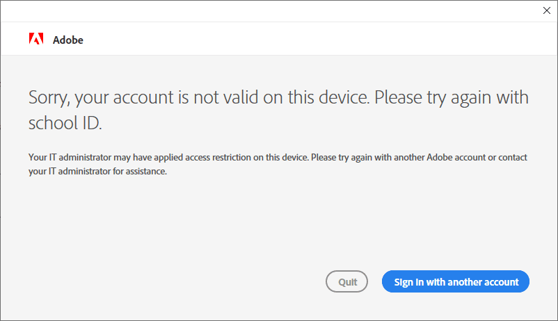 Adobe invalid account window.