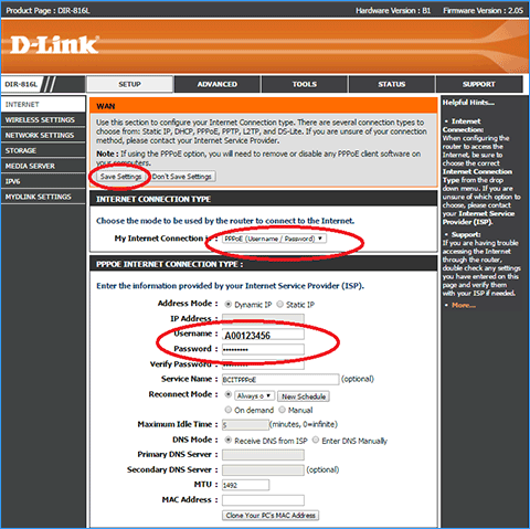 D-link WAN page to enter BCIT credentials in the username and password fields window.