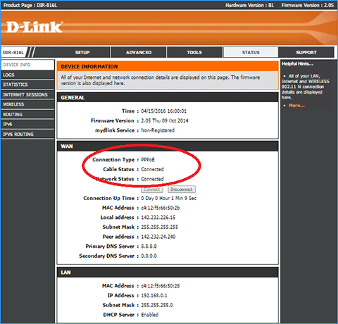 D-link window showing status page showing connection type, cable status and network status.