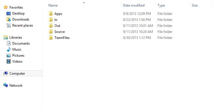 Computer folder with apps, in, out, source and teamfiles subfolders.