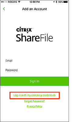 Log in with my company credentials window.