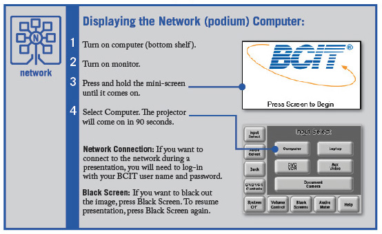 Smart lecture theatres displaying the network computer instructions.