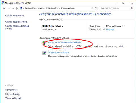 Network and sharing centre window set up a new connection or network.