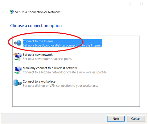 Choose connection option connect to the internet window.