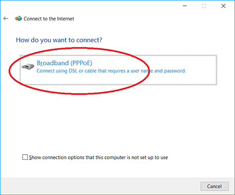 Window showing broadband PPPoE connection.