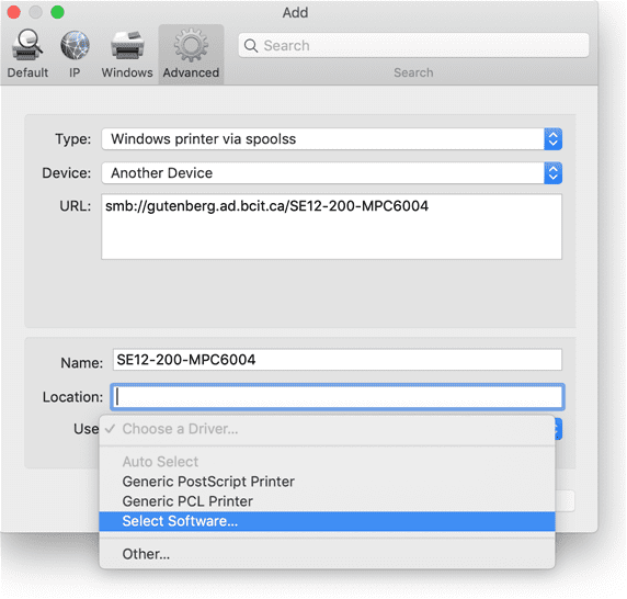 screen shot adding a network printer on Mac
