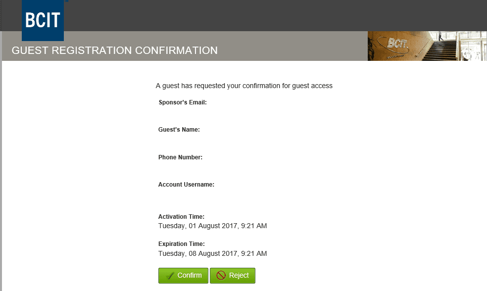 BCIT guest registration confirmation screen