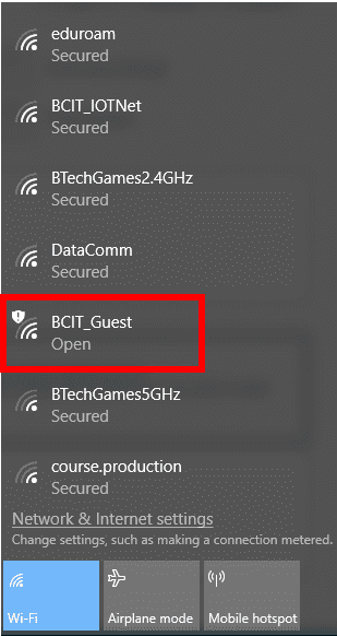 menu showing BCIT guest network
