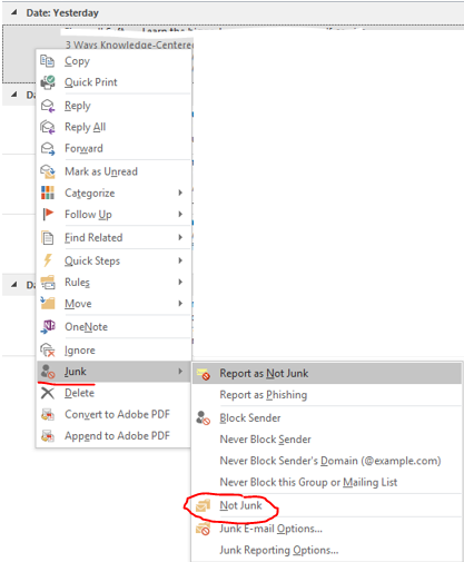 outlook menu giving options on junk email