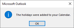 A popup window saying that the holidays were added to the calendar