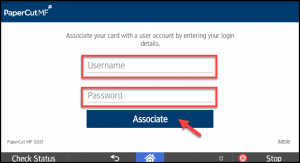An example of a print station screen titled PaperCut. It is showing username and password text boxes and a red arrow pointing to a button that says associate