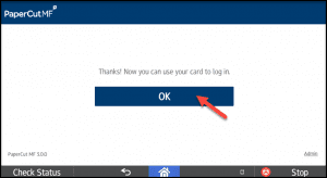 A printer input screen showing a red arrow pointing to a blue button that says OK